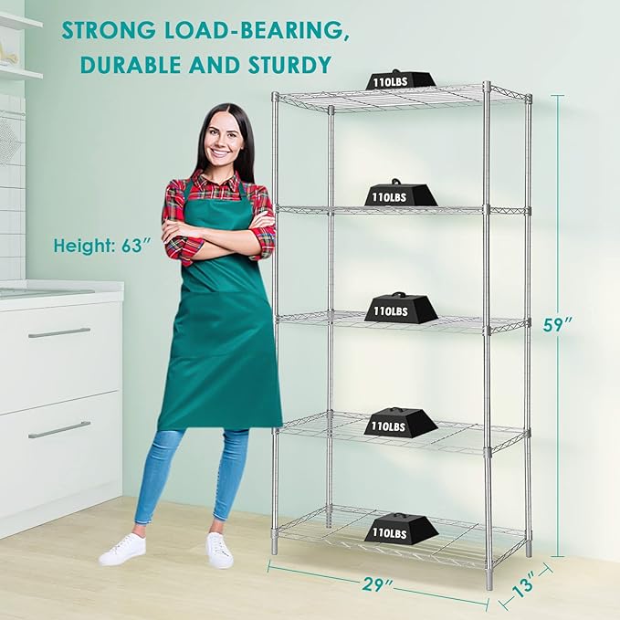BNSPLY 5 Tier Wire Shelving Unit, Height Adjustable Wire Shelves, Metal Storage Rack Organizer for Laundry, Kitchen, Bathroom, Pantry, Closet (13.5" D x 29" W x 59" H, Chrome)-NeatNest