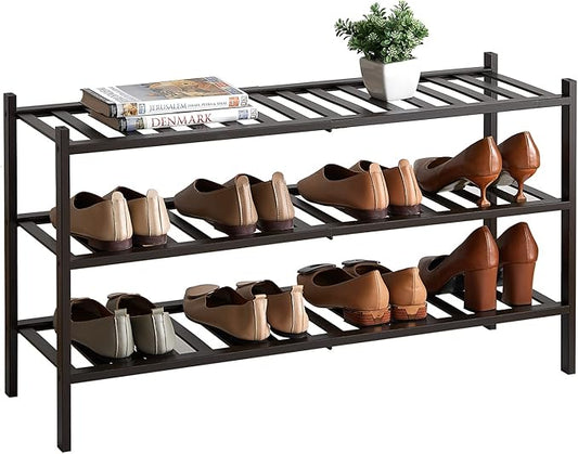Long Shoe Rack, 3-Tier Bamboo Stackable Shoe Shelf Storage Organizer, Shoe Stand for Closet, Entryway and Hallway-NeatNest