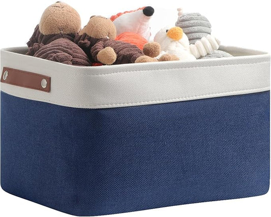 DULLEMELO Fabric Storage Basket for Closets,15x11x9.5 inch Foldable Storage Basket Bin with Handles for Office, Closet,Bedroom (White&Blue,1 Pack)-NeatNest