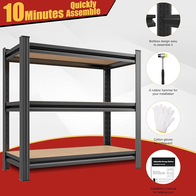 3 Tier Garage Shelving Wood Storage Shelves 600 lb Load Capacity 28.7" H*29.5" W*11.8" D Metal Shelving Suitable for Garage Kitchen Pantry,Black