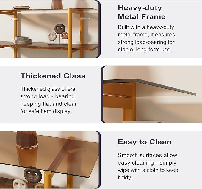 Glass Sofa Table, Mid-Century Modern Entryway Table with Tempered Glass & Golden Legs, 2-Tier Behind Couch Table for Living Room Hallway Entrance, Brown-NeatNest