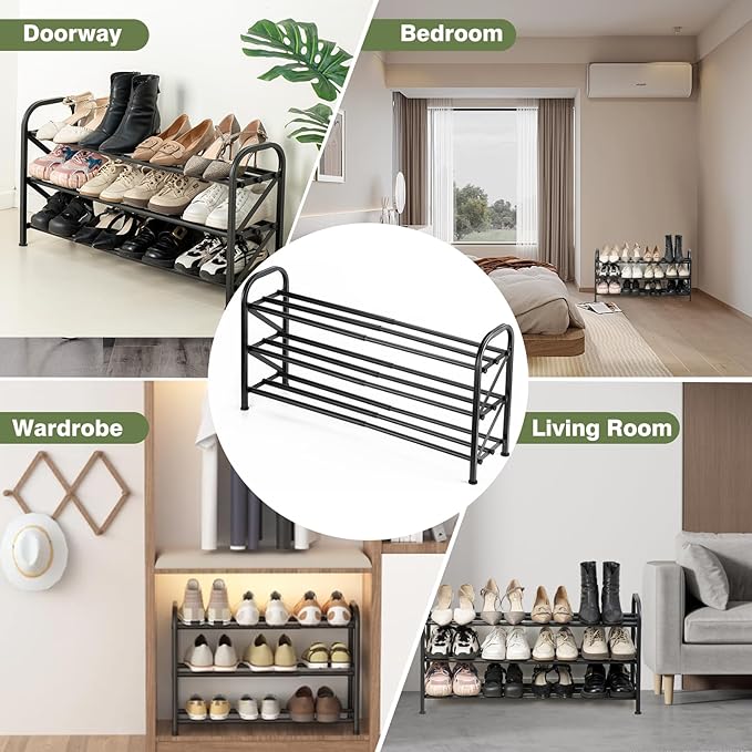 3-Tier Shoe Rack for Closet, 16"-33" Expandable ShoeRackAdjustable for Entryway Closet Doorway SturdyMetal, Black