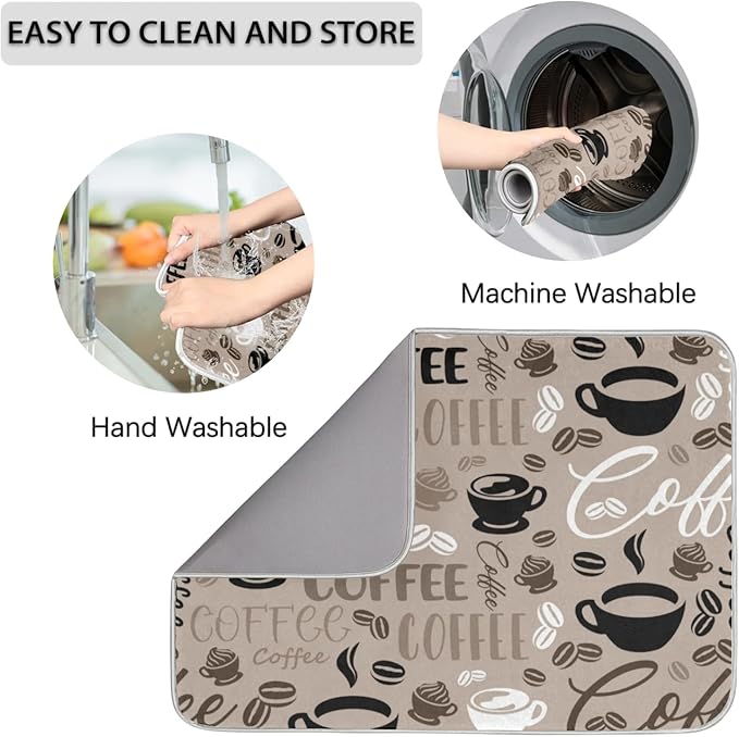 Dish Drying Mat for Kitchen Counter - Absorbent Microfiber Drying Rack Pads Reversible Dish Pad Draining Mats for Countertop Coffee Mats,18x24 inch（Coffee)