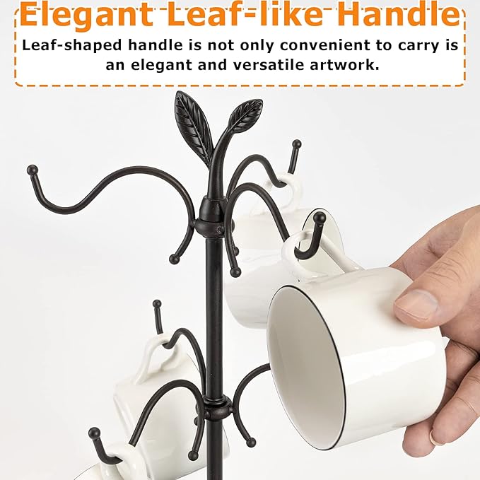 Coffee Mug Holder for Large Mugs, Mug Tree for Counter, Cup Holder for Countertop, Mug Rack with Tray, Metal Mug Tree with 6 Hooks, Coffee Counter Bar Accessory & Kitchen Home Organizer-NeatNest