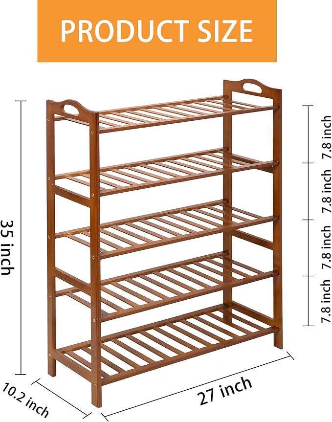 5 Tier Bamboo Shoe Rack, Free Standing Shoes Rack Shoe Shelf Shoe Organizer for Closet, Entryway, Bedroom, Living Room, Front Door, Studio, Bathroom-NeatNest