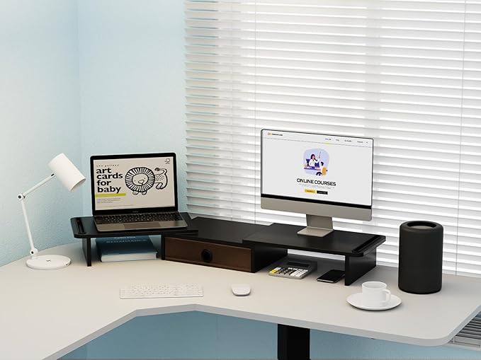 Dual Monitor Stand Riser with Drawer-Adjustable Length and Angle, Monitor Stand Riser for 2 Monitors, Desktop Organizer Stand for Computer/Laptop/PC/Printer (Black)