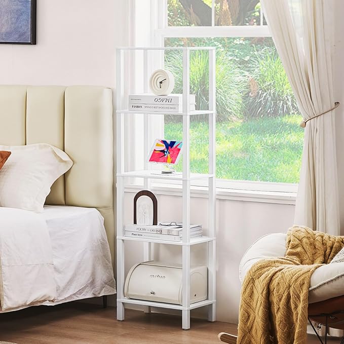 54in Tall Bookshelf 5-Tier Small Narrow Bookcase, Skinny Book Shelf for Small Space, Farmhouse Slim Shelf with Storage, Wood Freestanding Display Thin Bookshelves for Living Room, Office, White