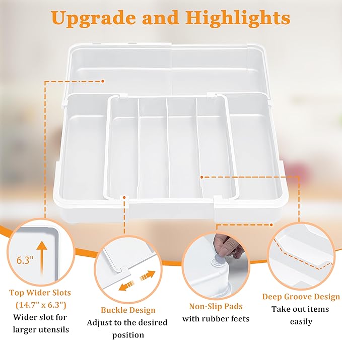 Homecor Silverware Drawer Organizer, Adjustable Kitchen Drawer Organizer, Expands from 4 to 7 Slots, Non-Slip BPA-Free Flatware Cutlery Utensil Holder for Forks Knives Spoons and Kitchen Utensil,White-NeatNest