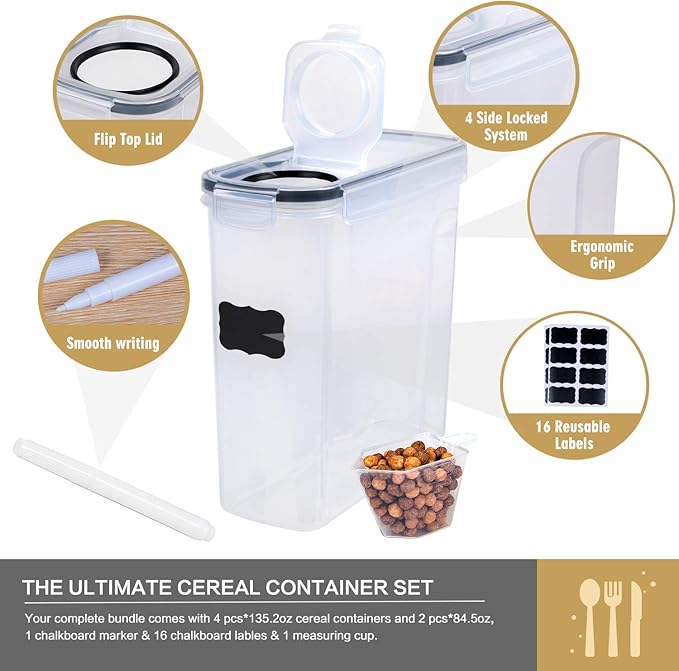 Cereal Containers Storage Set - 6 Piece Airtight Large Dry Cereal Storage Containers(135.2oz), BPA Free Dispenser Plastic Cereal Storage Containers with 16 Labels & Pen-NeatNest