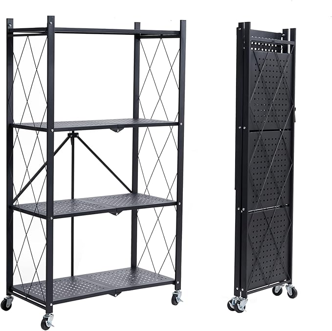 BRIAN & DANY 4-Shelf Foldable Storage Shelves with Wheels, Folding Metal Rack Shelving Unit, Heavy Duty No Assembly Organizer Shelf for Garage, Kitchen, Basement, Pantry, Black-NeatNest