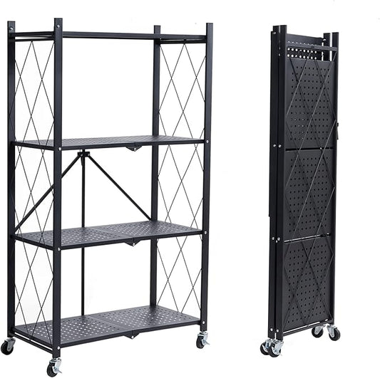 BRIAN & DANY 4-Shelf Foldable Storage Shelves with Wheels, Folding Metal Rack Shelving Unit, Heavy Duty No Assembly Organizer Shelf for Garage, Kitchen, Basement, Pantry, Black-NeatNest