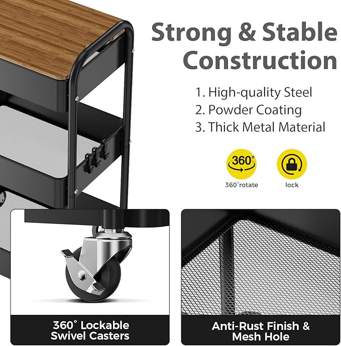 3 Tier Rolling Cart with Table top, Metal Utility Cart, Sturdy Storage Organizer Cart with Locking Wheels & Hooks for Office, Classroom, Kitchen and Bathroom-NeatNest