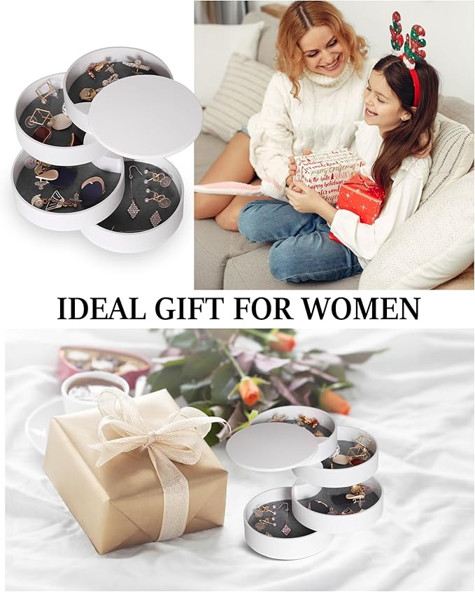 CONBOLA Jewelry Organizer, Small Jewelry Storage Box Earring Holder for Women, 5-Layer Rotating Travel Jewelry Tray Case with Lid for Bracelets Rings Bracelets, Gift for Women Teen Girls(White)-NeatNest