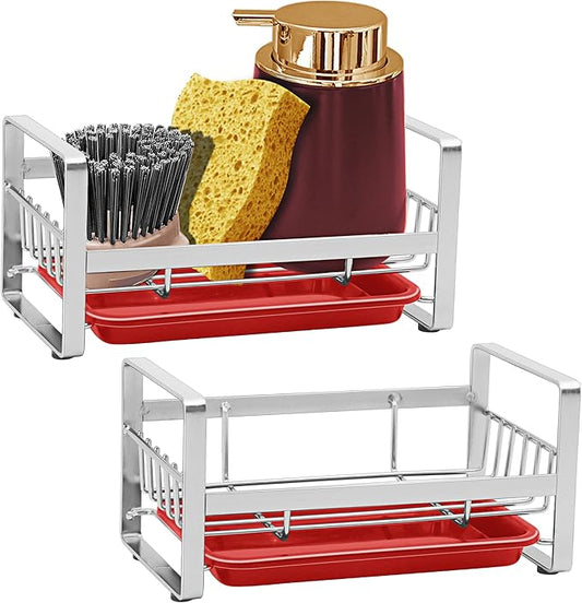 2 Pack Kitchen Sponge Holder - Kitchen Sink Organizer - Sink Caddy - Sink Tray - Soap Holder - Stainless Steel,Silver+Red 2PCS