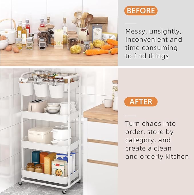 JIUYOTREE 4-Tier Plastic Rolling Storage Cart Utility Cart with Extra Hanging Cups Handles Lockable Wheels for Living Room Bathroom Kitchen Office White-NeatNest