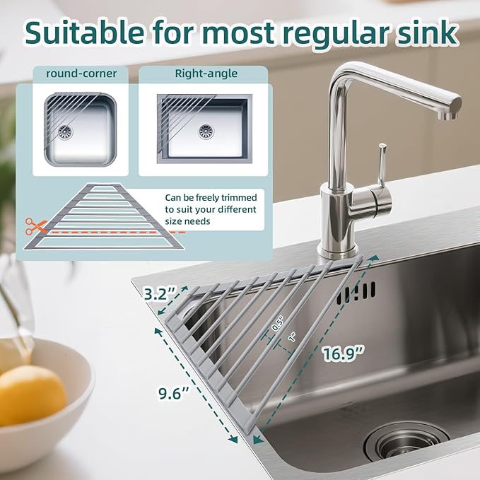 Ohuhu Triangle Roll Up Dish Drying Rack, Anti-Slip Organizer for Kitchen Sink Drying Rack with Full Silicone Wrapped for Top of Sink Coner Grey