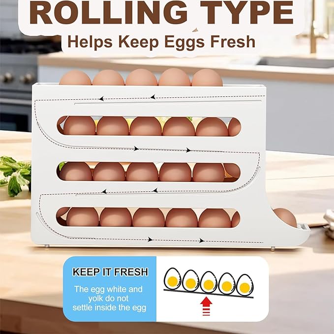 30 Eggs Fridge Dispenser 4 Tier Egg Holder for Refrigerator Countertop Container Large Capacity Auto Rolling Tray Organizer Storage Automatic Distributor Rack Space Saving for Kitchen