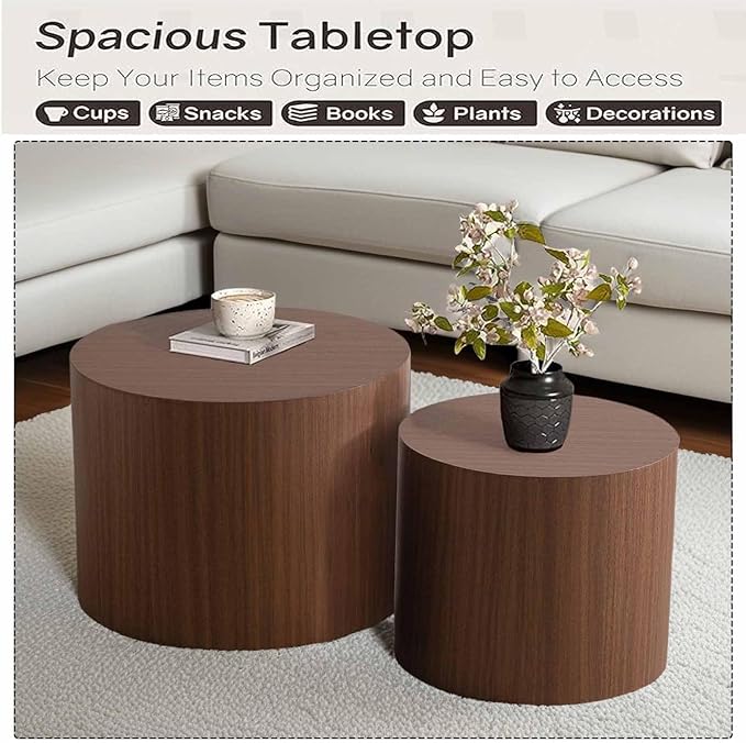 Modern Round Nesting Coffee Table Set of 2, Vertical Stripe Design Drum Coffee Table Cocktail Table, Round Side Table for Living Room, Bedroom, Office, Balcony (G14.6+18.1")