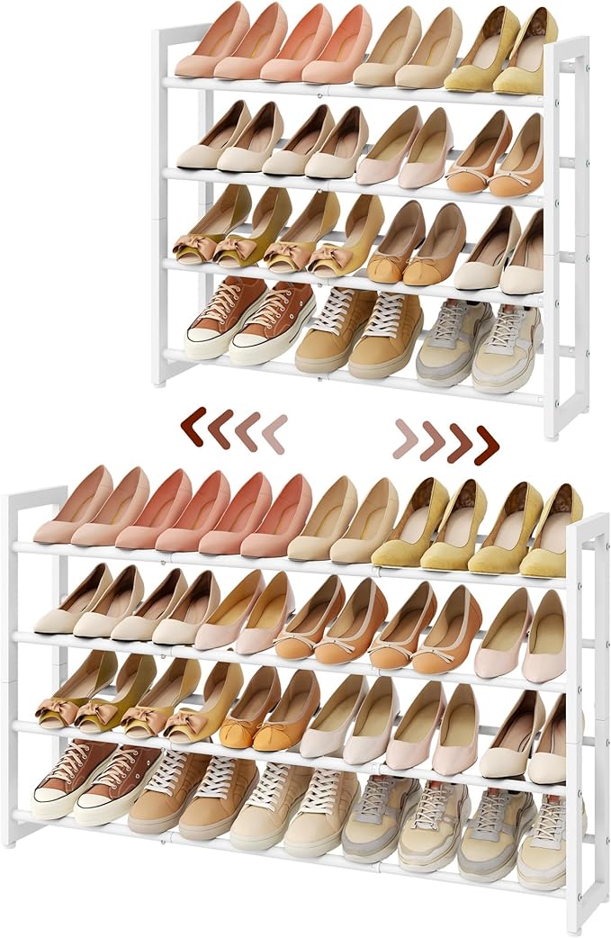 FAVOOSTY 4-Tier Expandable Shoe Rack, Adjustable Shoe Shelf Storage Organizer Space Saving Metal Free Standing Shoe Rack for Entryway Closet Doorway, White-NeatNest