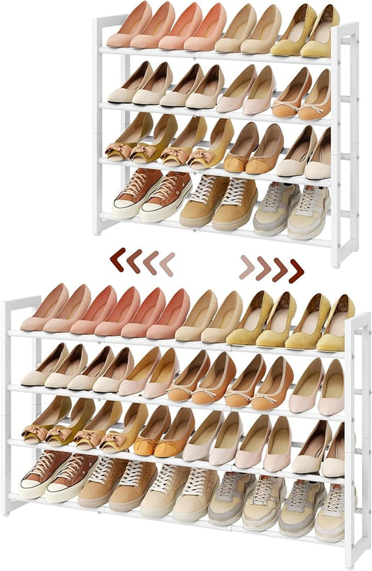FAVOOSTY 4-Tier Expandable Shoe Rack, Adjustable Shoe Shelf Storage Organizer Space Saving Metal Free Standing Shoe Rack for Entryway Closet Doorway, White-NeatNest