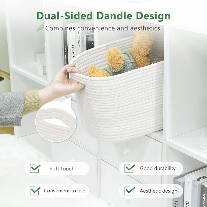 Cotton Rope Storage Basket, 15x10x9 Inches, Woven Basket for Shelves, Clothes, Toys, Towels, Books, and Laundry, Durable and Stylish, White (2 Pack)-NeatNest