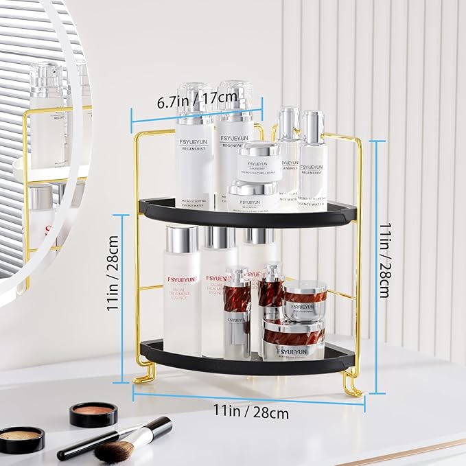 FSyueyun 2-Tier Corner Bathroom Counter Organizer, Tool-Less Installation Vanity Shelf Small Plastics Countertop Makeup Tray Skincare Perfume Organizers (Gold & Black)-NeatNest