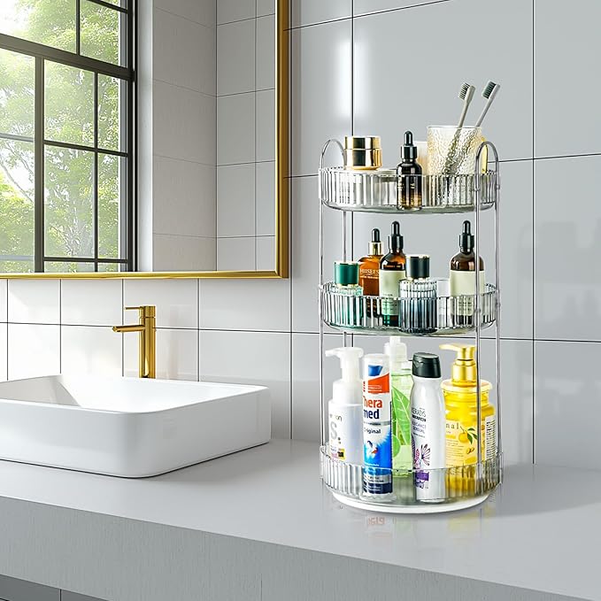 360 Rotating Makeup Organizer, 3 Tier Lazy Susan Bathroom Organizer, Easy to Install, Ideal Storage for Perfume, Skincare, Cosmetic, Dresser or Vanity Countertop (Classic Grey, 3 Tier)-NeatNest