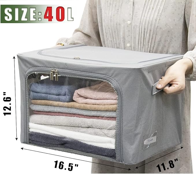 Clothes Storage Box Bins Stackable Foldable Organizer with Metal Frame for Clothing Bedding Shelves,Closet Container with Clear Window Zipper and Label Holder (Gray,Small-40L x3 Pack)-NeatNest