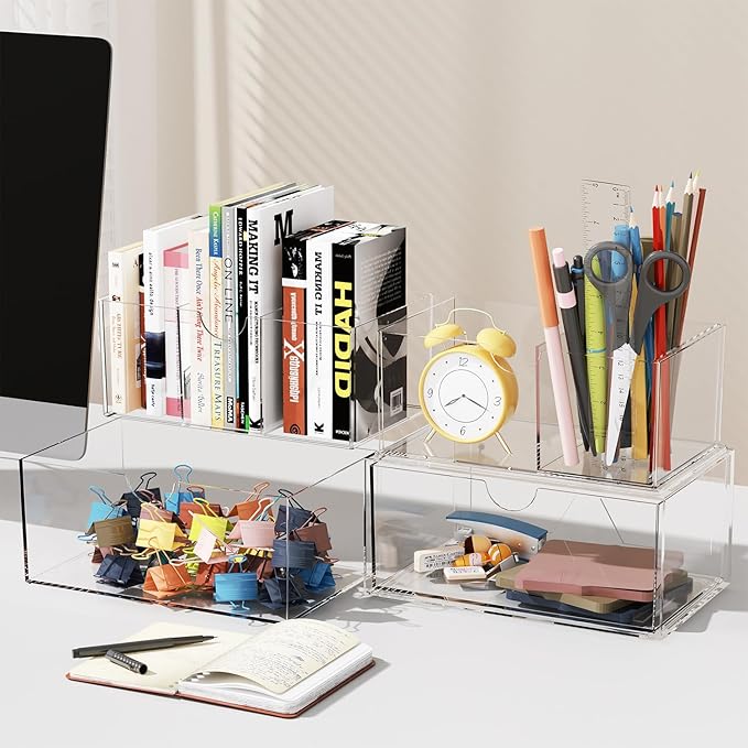 IceFun 4 Pack Large Stackable Storage Drawers,Acrylic Bathroom Kitchen Cabinet Undersink Makeup Organizer With 2 Pack Divider.