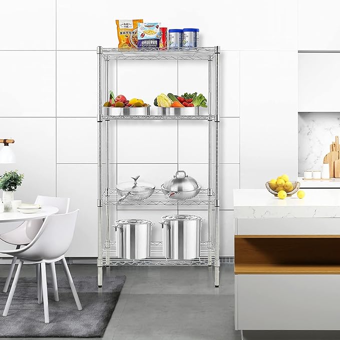 BNSPLY 4 Tier Wire Shelving Unit, Height Adjustable Wire Shelves with 1200 LBS Capacity, NSF Metal Storage Rack for Laundry, Kitchen, Bathroom, Pantry, Closet (18" D x 29.5" W x 59" H, Chrome)-NeatNest