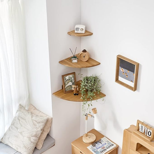 Corner Shelf Wall Mount, 12inch Oak Wood Floating Corner Shelf Round End Small Corner Nightstand Plant Shelf Wall Mount for Kitchen, Living Room, Bedroom-NeatNest