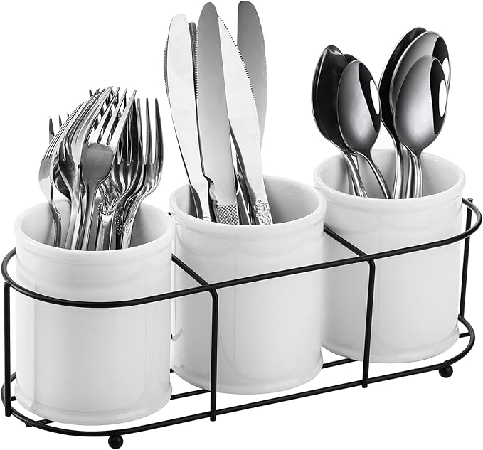 Bekith 3-Piece Ceramic Silverware Caddy with Metal Rack, Utensil Holder Flatware Caddy Cutlery Storage Organizer for Kitchen Table, Cabinet or Pantry-NeatNest