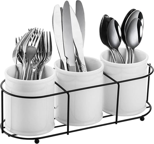 Bekith 3-Piece Ceramic Silverware Caddy with Metal Rack, Utensil Holder Flatware Caddy Cutlery Storage Organizer for Kitchen Table, Cabinet or Pantry-NeatNest