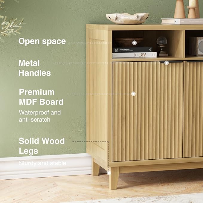 Buffet Cabinet with Storage - Elegant Fluted Storage Cabinet with Adjustable Shelves and Solid Wood Leg, Modern Buffet Sideboard for Living Room, Dining Room, Entryway-NeatNest