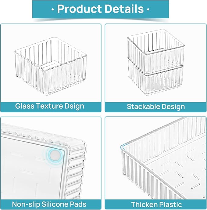 Vtopmart 7 PCS Clear Drawer Organizers Bins, 4-Size Stackable Makeup and Vanity Drawer Organizer Trays, Acrylic Bathroom Drawer Storage Containers for Cosmetic, Office Supply, Kitchen Utensils Gadgets-NeatNest