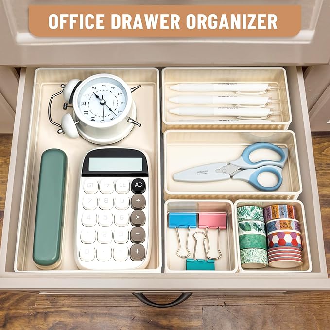6 PCS White Drawer Organizer Set 3-Size,Versatile Desk and Vanity Drawer Organizer Trays, Storage Bins for Bedroom, Kitchen，Bathroom-NeatNest