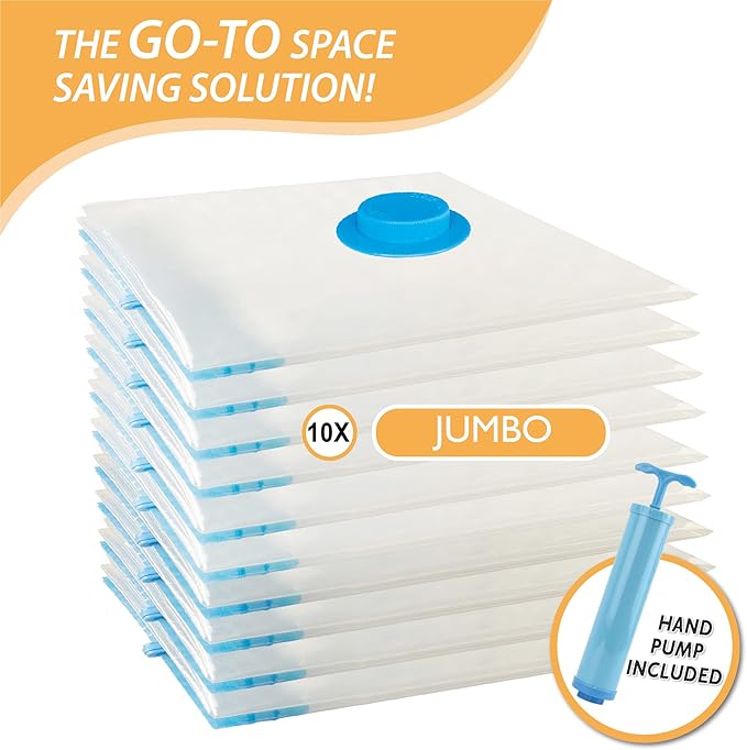 10 Jumbo Vacuum Storage Bags, Space Saver Bags Compression Storage Bags for Comforters and Blankets, Vacuum Sealer Bags for Clothes Storage, Hand Pump Included-NeatNest