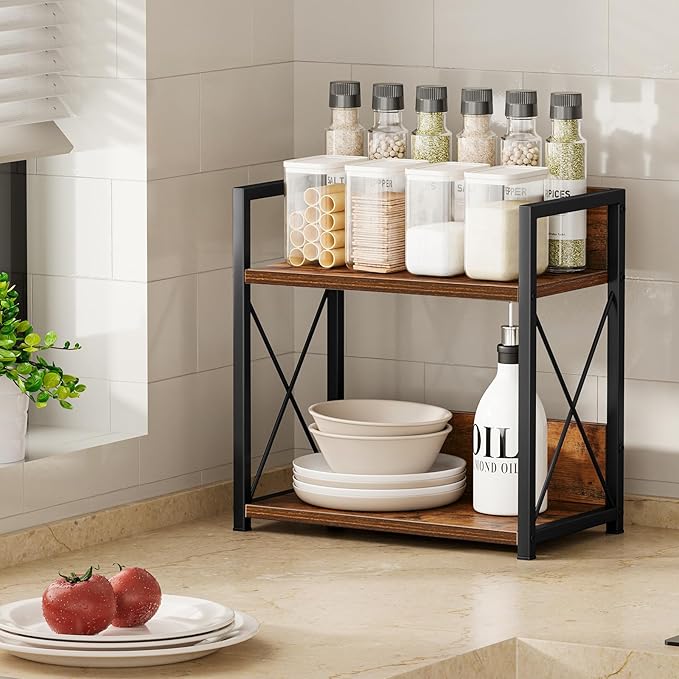 Giikin Kitchen Countertop Organizer, 2 Tier Spice Rack Organizer for Pantry, Kitchen Counter Shelf Wood Coffee Station Organizer (Brown, M)-NeatNest