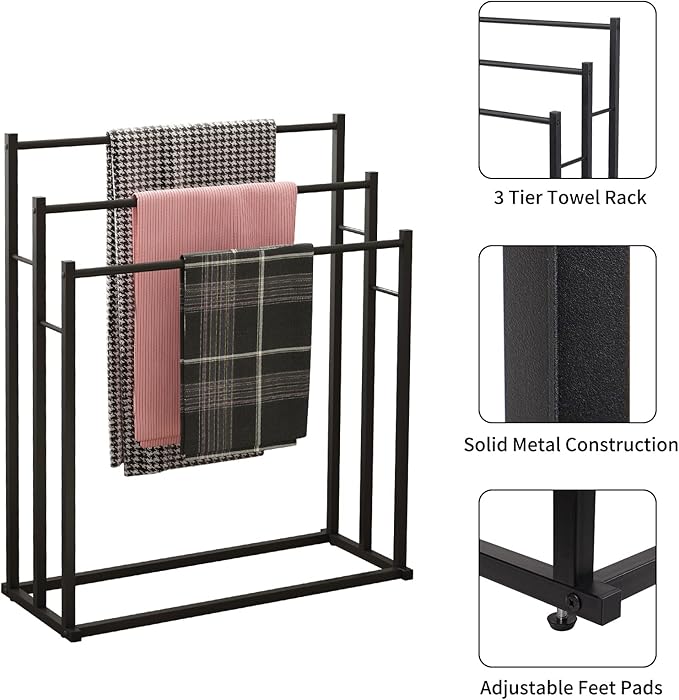 Honiter Towel Racks for Bathroom, 3 Tier Free Standing Towel Rack, Blanket Drying and Display Rack for Oversized Bath Towels Bathroom Accessories, Next to Tub or Shower