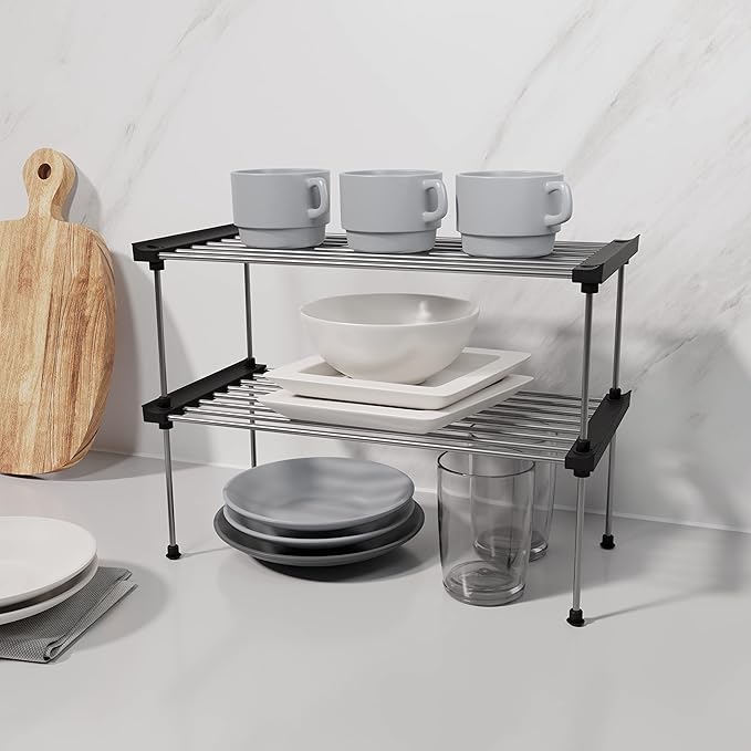 carrotez Cabinet Organizer Shelf, Set of 2 Stackable Kitchen Counter Shelves, Kitchen Cabinet Organizers and Storage, Pantry Storage Shelf Organizer, 15.7 x 7.8 x 6.1 - Black-NeatNest