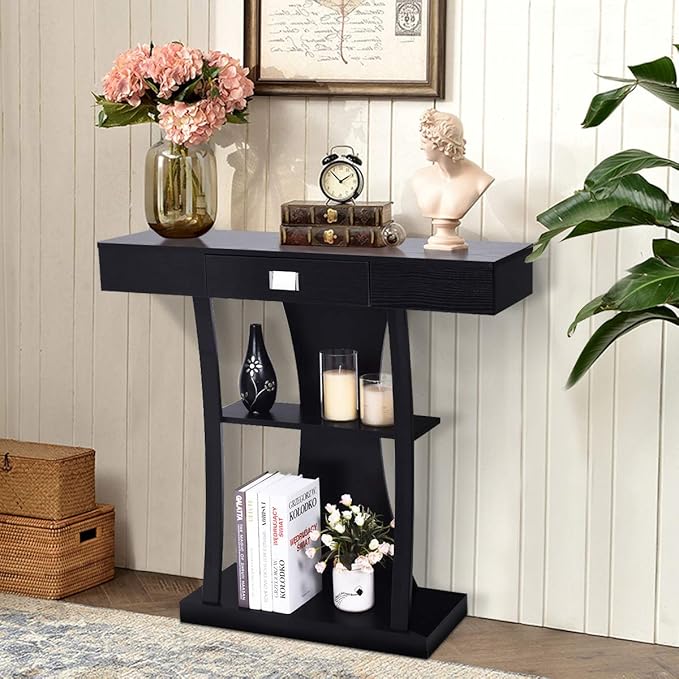 Giantex Console Table, Sofa Table with Drawer and 2-Tier Shelves, Accent Table for Entryway, Hallway and Living Room (Black)-NeatNest