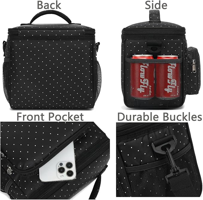 FlowFly Insulated Reusable Lunch Bag Adult Large Lunch Box for Women and Men with Adjustable Shoulder Strap,Front Zipper Pocket and Dual Large Mesh Side Pockets,Dot-NeatNest