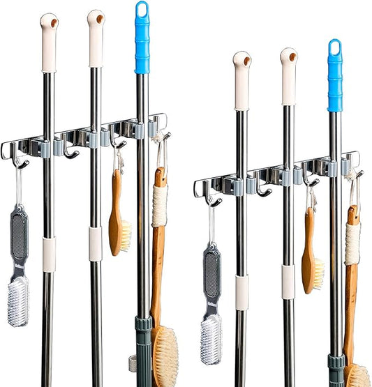 DGSL 2 PCS Broom Holder Wall Mount with 3 Racks 4 Hooks, Stainless Steel Wall Mounted Organizer Mop and Broom Storage Tool Rack for Home Kitchen Garden-NeatNest