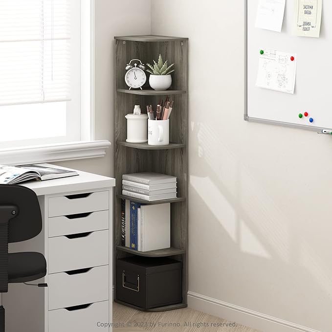 Furinno Pasir 5-Tier Corner Open Shelf Bookcase, French Oak-NeatNest