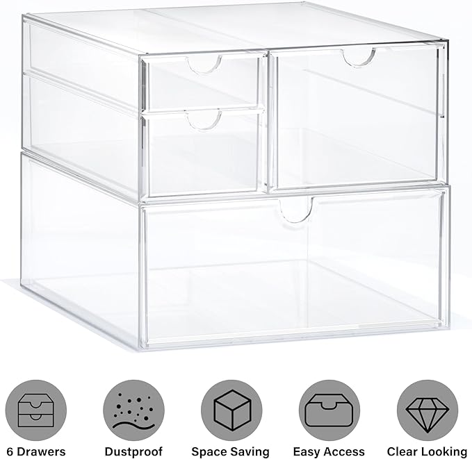 Prsildan Acrylic Drawer Makeup Organizer with 4 Drawers, Set of 2 Office Desk Organizers Accessories, Clear Stackable Storage Drawers for Vanity, Countertop, Craft, Jewelry, Art Supply Organization-NeatNest