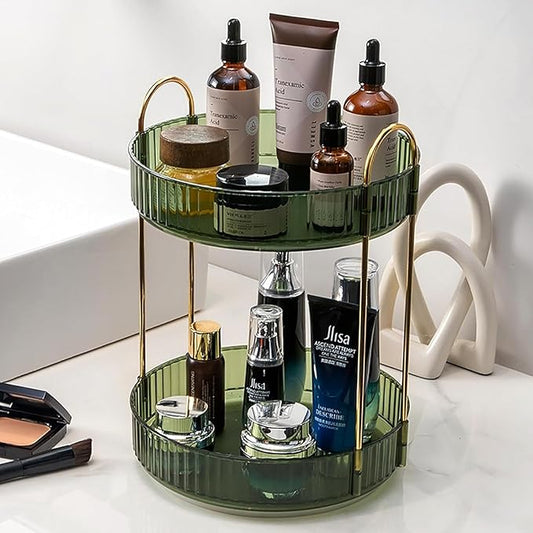 Rotating Makeup Organizer Countertop 2 Tier Lazy Susan Trays Clear Skincare Perfume Storage for Bathroom Counter Vanity, Green Gold-NeatNest