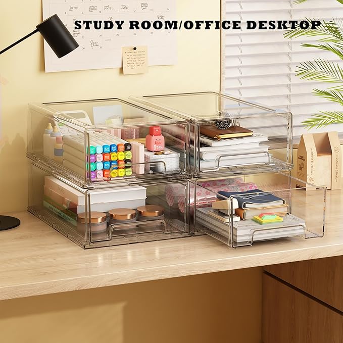 2 Pack Plastic Drawer Storage, Clear Stackable Storage Drawers Large Storage Bins with Drawers, Acrylic Drawer Organizer for Office Supplies, Desktop, Craft, Pantry, Shelves, Bathroom, Under Sink-NeatNest