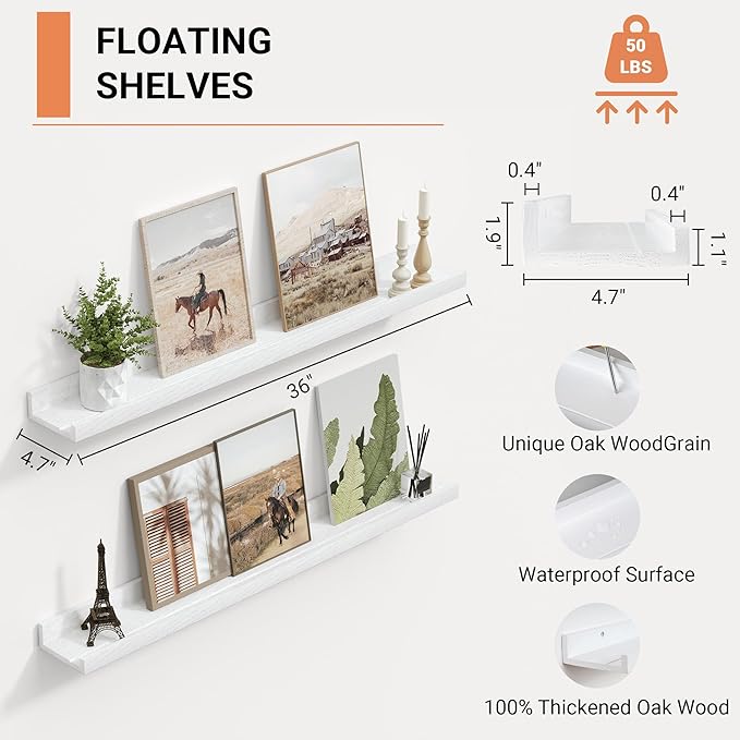 36 Inches Long Floating Shelves Wall Mounted, Picture Ledge Shelf for Wall Decor Living Room Bathroom Kitchen,2 Set Rustic White Wall Shelf for Bedroom, Nursery Book Shelf with Lip-NeatNest