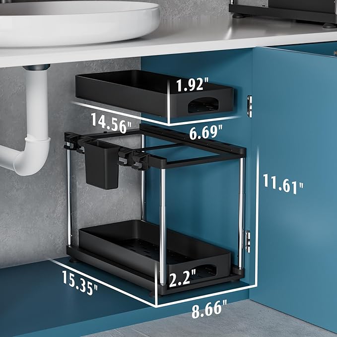 2 Pack Under Sink Organizer, 2 Tier Under Sink Organizers and Storage for Kitchen Bathroom, Height Adjustable Cabinet Organizer with Two Slide-Out Drawers,Black-NeatNest