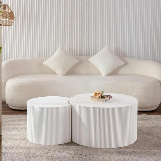Round Wood Coffee Table Set of 2 Modern Circle Nesting Coffee Table Handcrafted Drum Nesting Table Nesting Coffee Tables for Living Room for Small Space (Cream (D18.9+D14.8 inch))